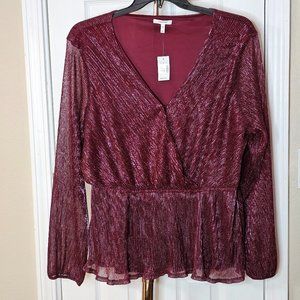 Merlot and Sparkly Silver Sexy Plunge Holiday Long Sleeve Top NWT Size XL